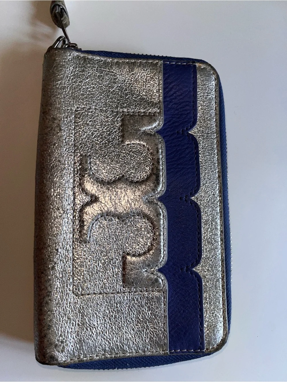 Tory Burch Silver and Navy Zip Around Wallet